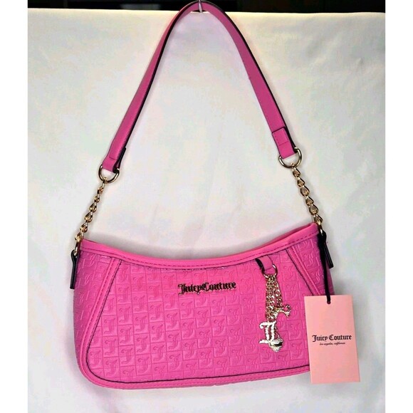 NWT Juicy Couture Pink Embossed Logo Crescent Shoulder Bag Gold Chain Charm - Picture 3 of 9